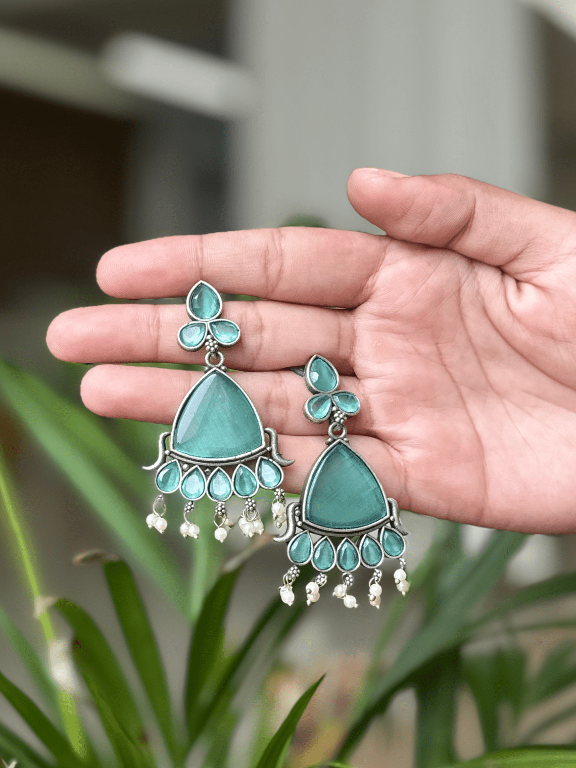 German Silver Stone Earrings With Pearl - Chowkhat Lifestyle