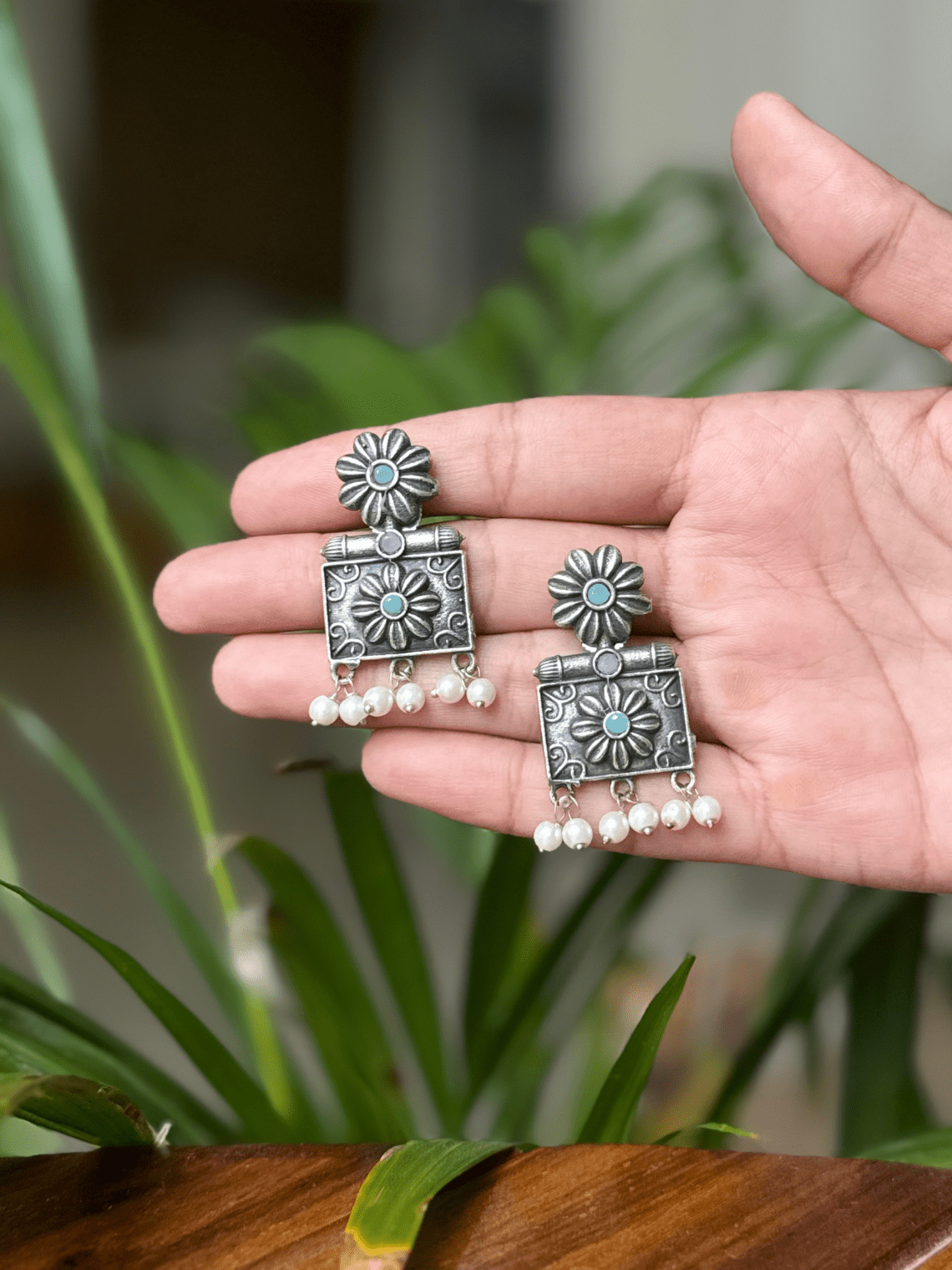Oxidised Silver Earrings With Pearl - Chowkhat Lifestyle