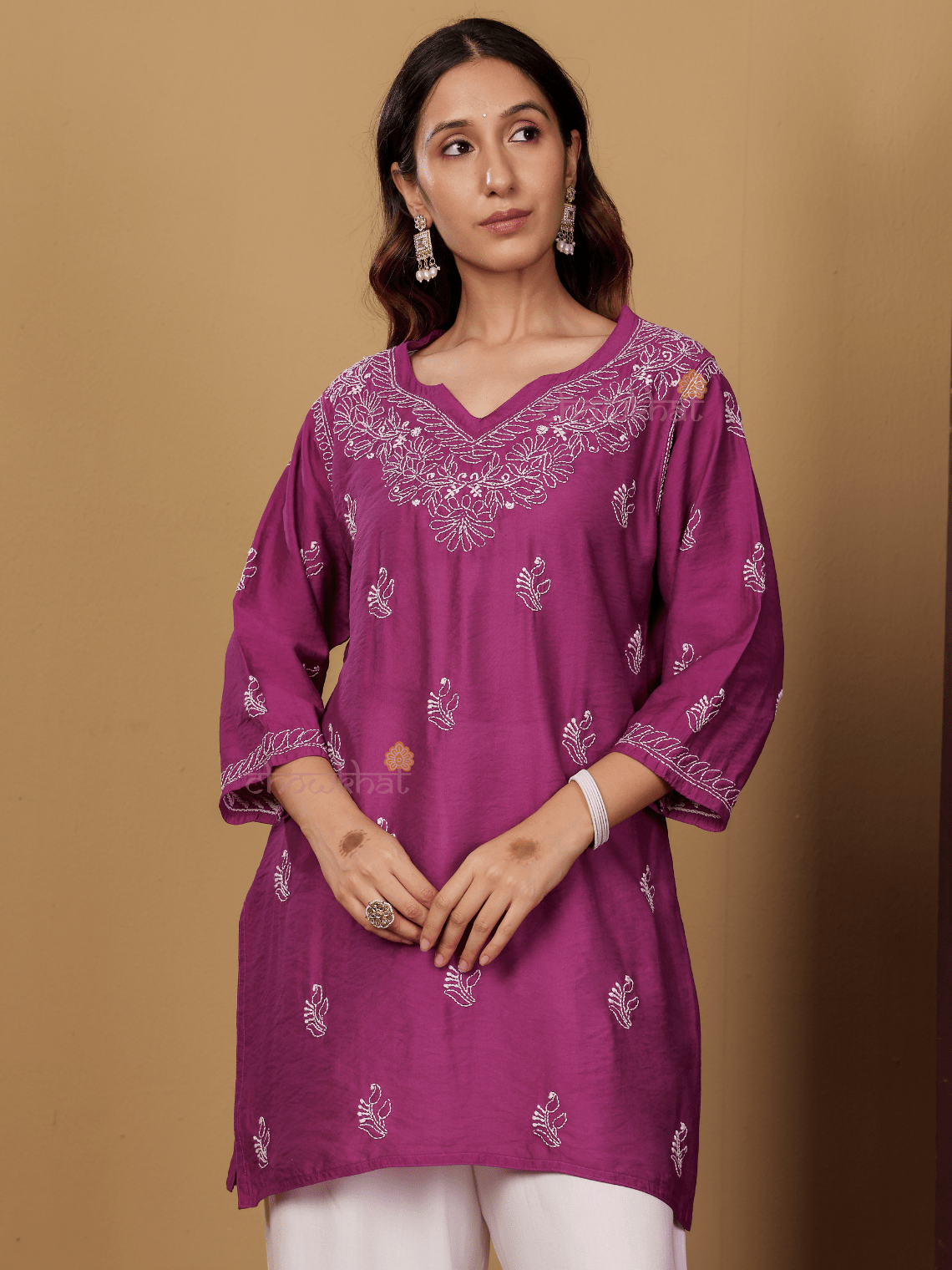Azha Chanderi Straight Short Chikankari Kurti - Chowkhat Lifestyle