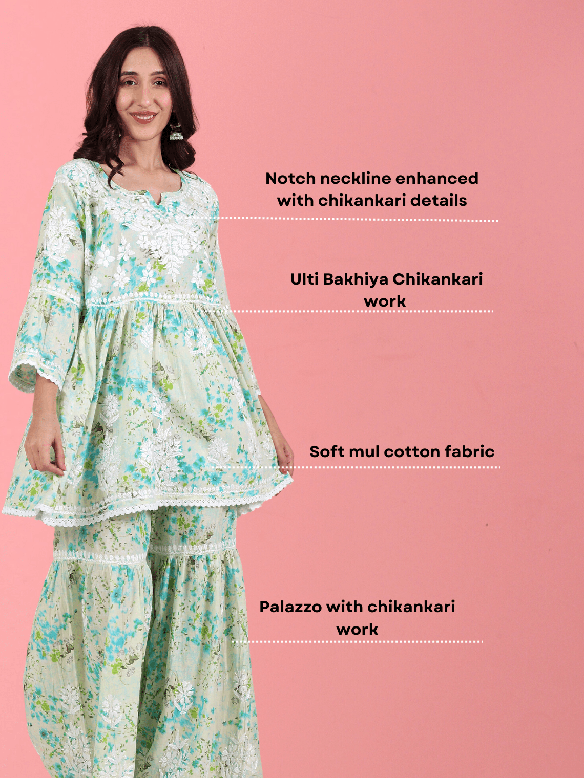 Sanya Mul Cotton Chikankari Gharara Set with Crochet Lace - Chowkhat Lifestyle