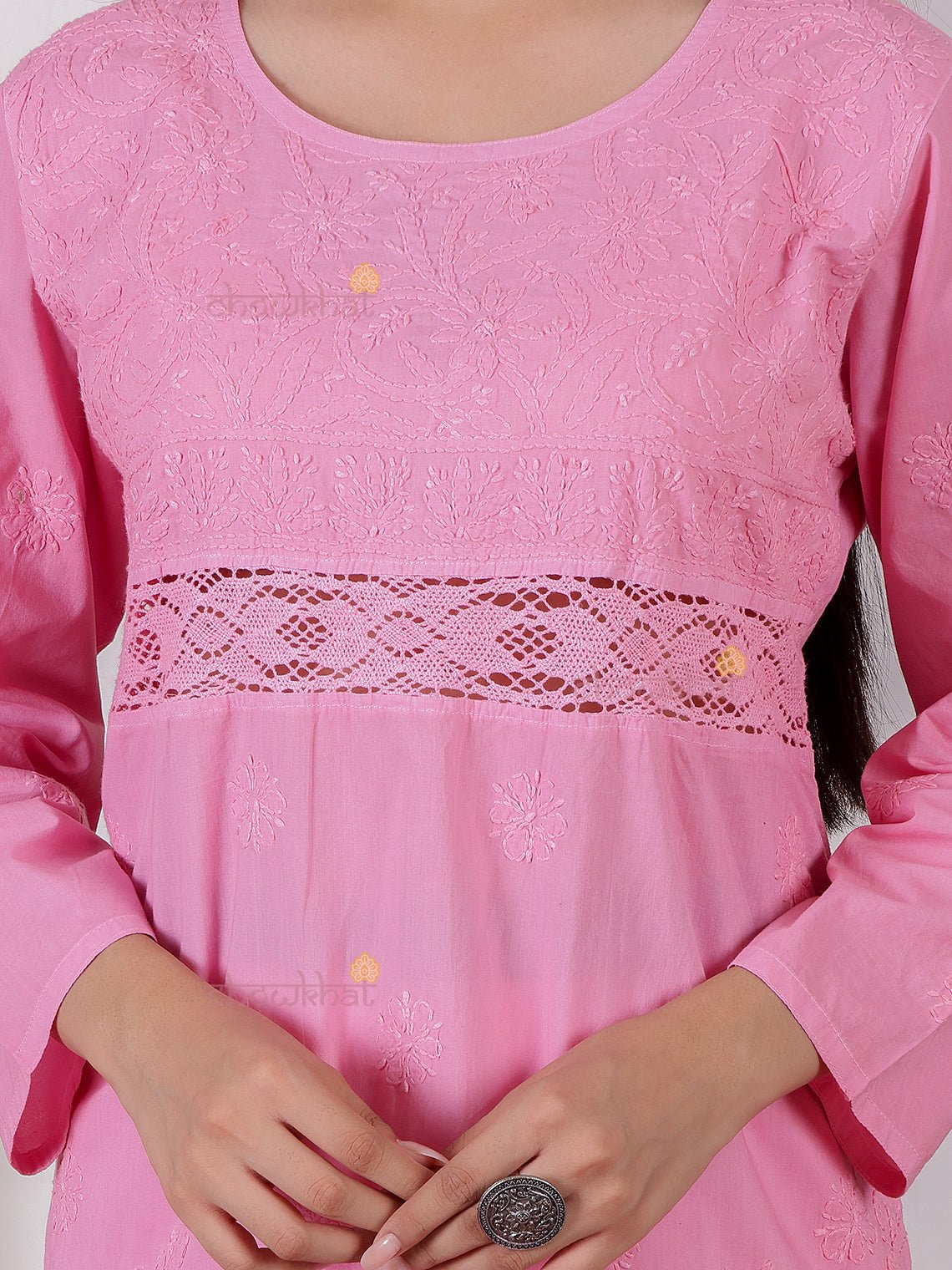 Azra Short Cotton Chikankari kurti with Lace Detailing - Chowkhat Lifestyle