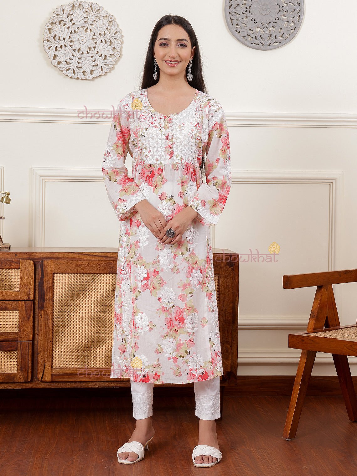 Ahika Nyra Cut Mul Cotton Chikankari Kurti - Chowkhat Lifestyle