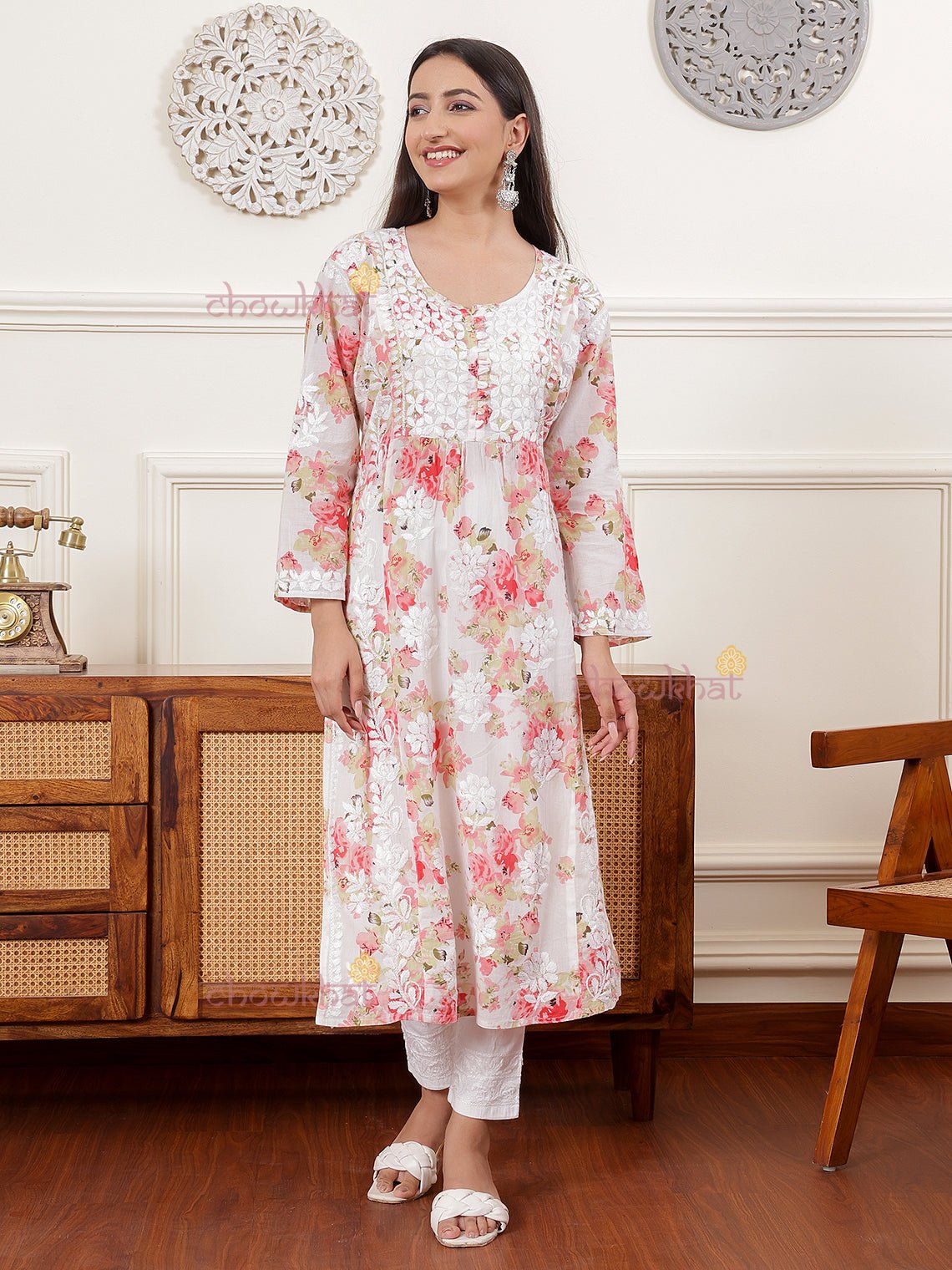 Ahika Nyra Cut Mul Cotton Chikankari Kurti - Chowkhat Lifestyle