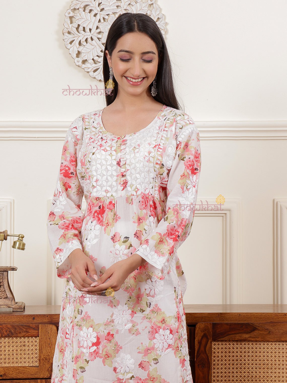 Ahika Nyra Cut Mul Cotton Chikankari Kurti - Chowkhat Lifestyle