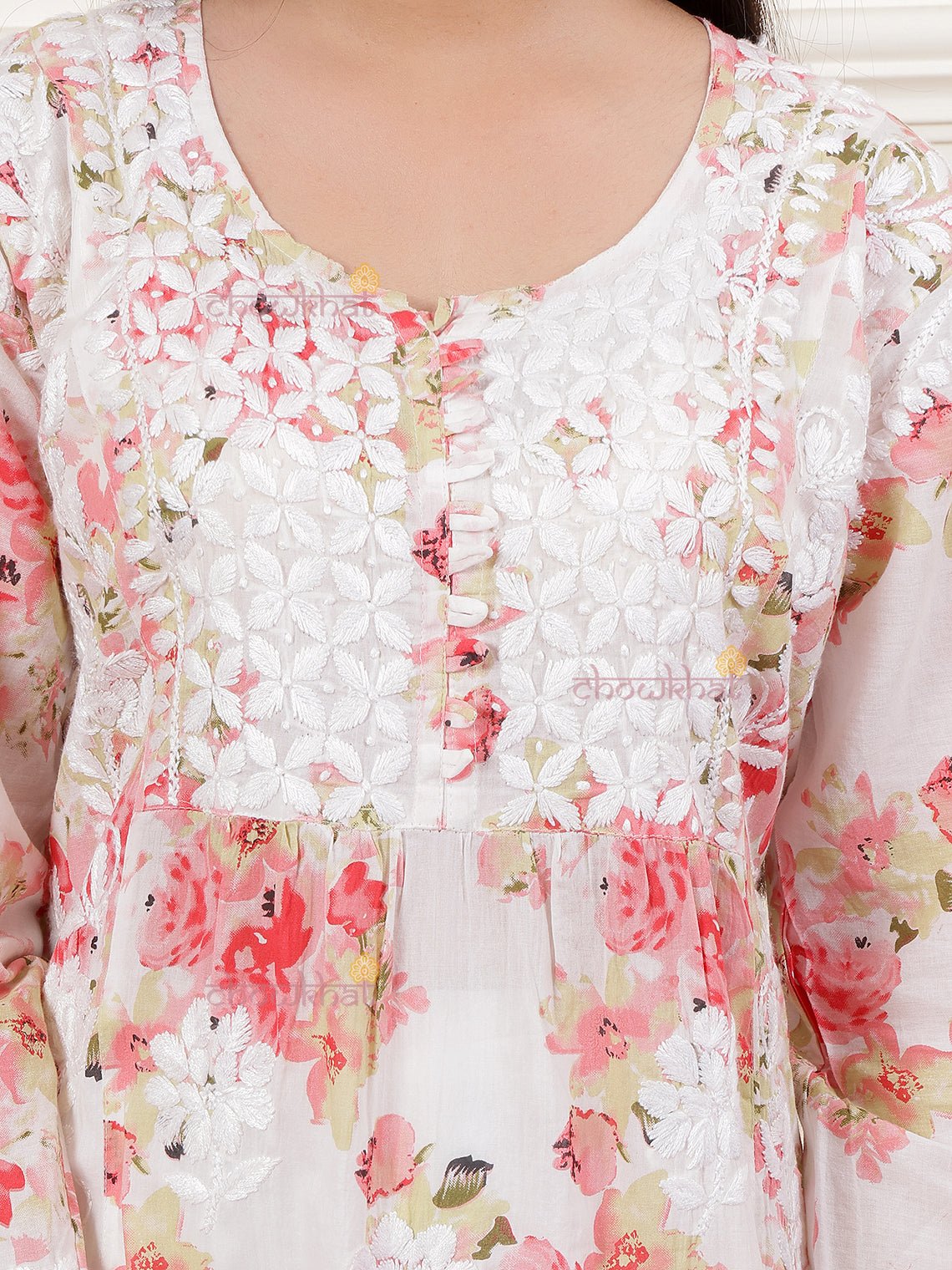 Ahika Nyra Cut Mul Cotton Chikankari Kurti - Chowkhat Lifestyle