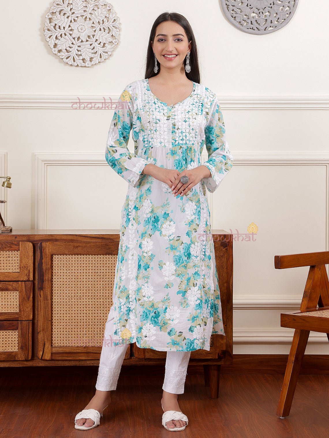 Ahika Nyra Cut Mul Cotton Chikankari Kurti - Chowkhat Lifestyle
