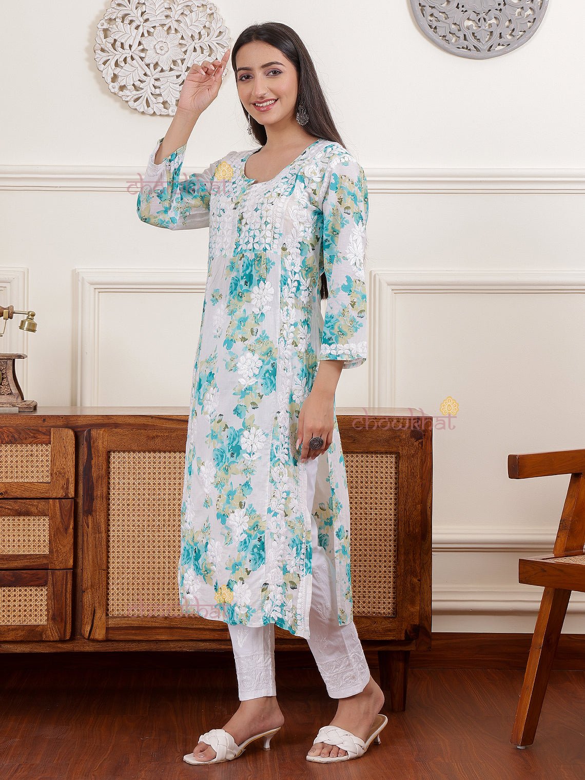 Ahika Nyra Cut Mul Cotton Chikankari Kurti - Chowkhat Lifestyle