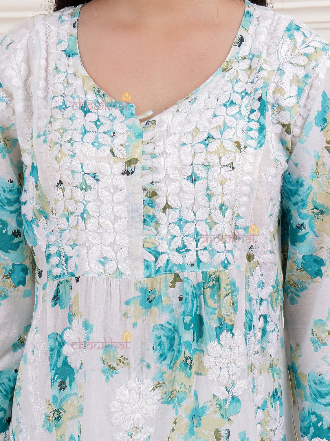 Ahika Nyra Cut Mul Cotton Chikankari Kurti - Chowkhat Lifestyle