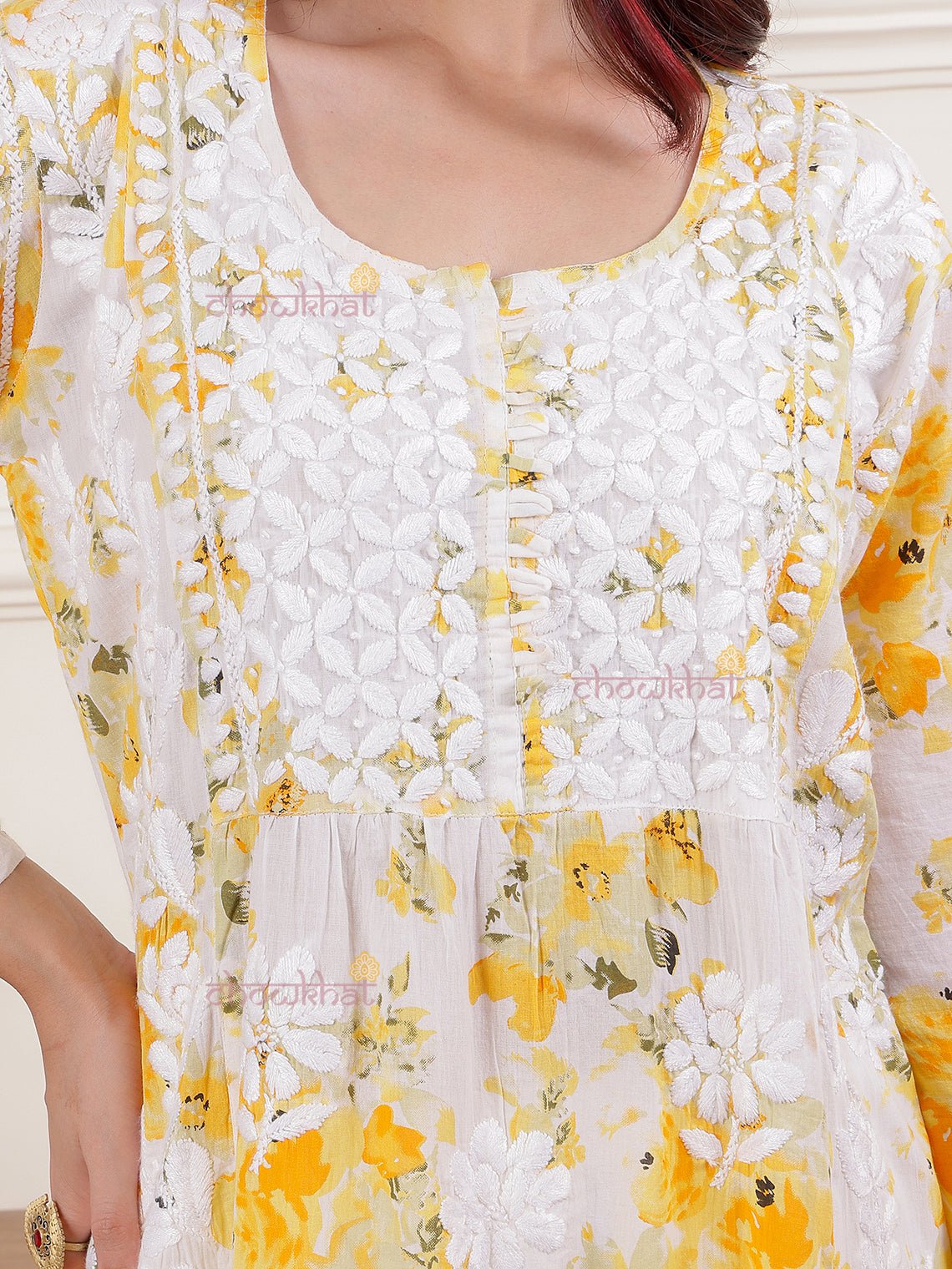 Ahika Nyra Cut Mul Cotton Chikankari Kurti - Chowkhat Lifestyle