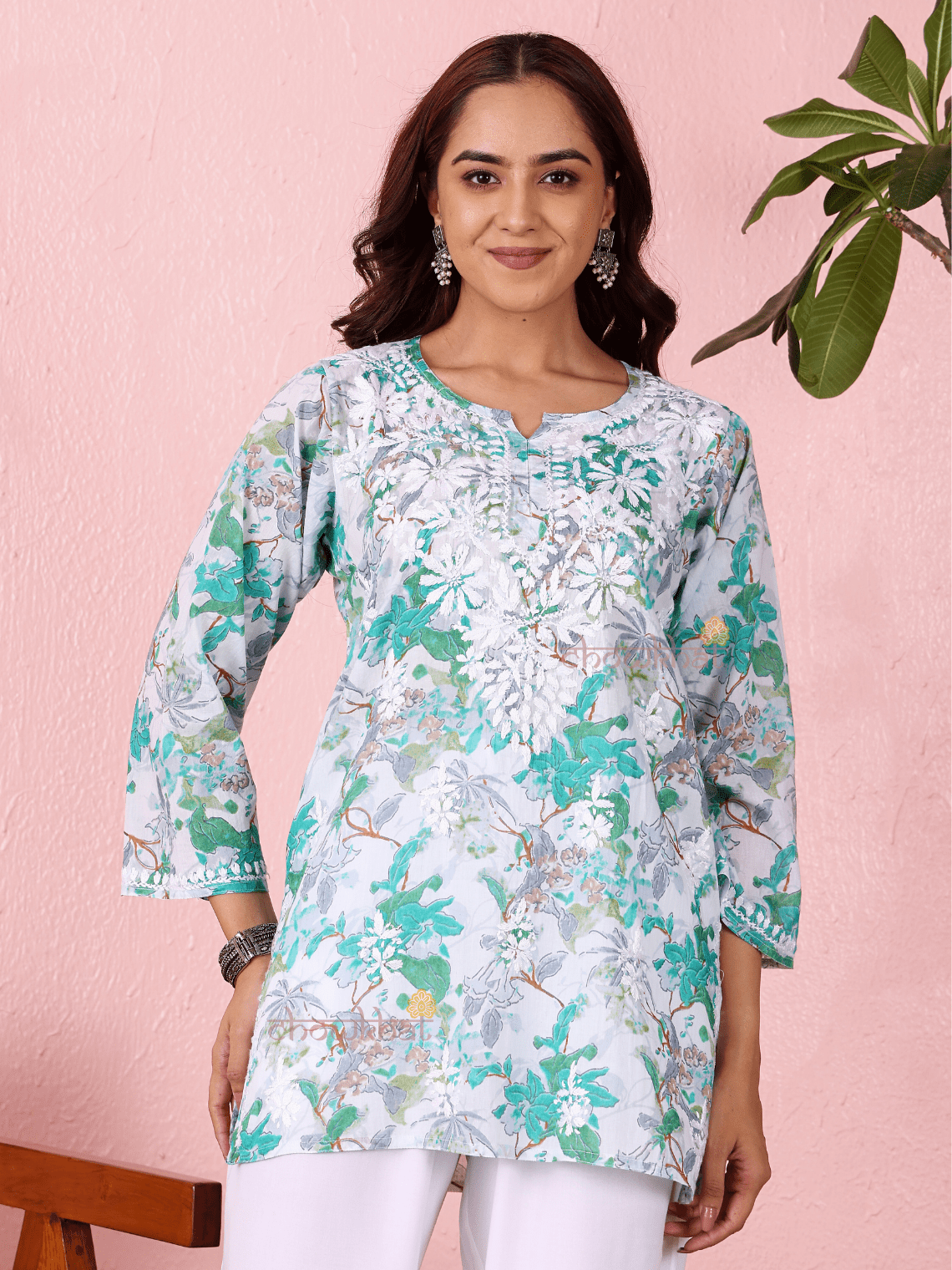 Sara Mul Cotton Straight Short Chikankari Kurti - Chowkhat Lifestyle