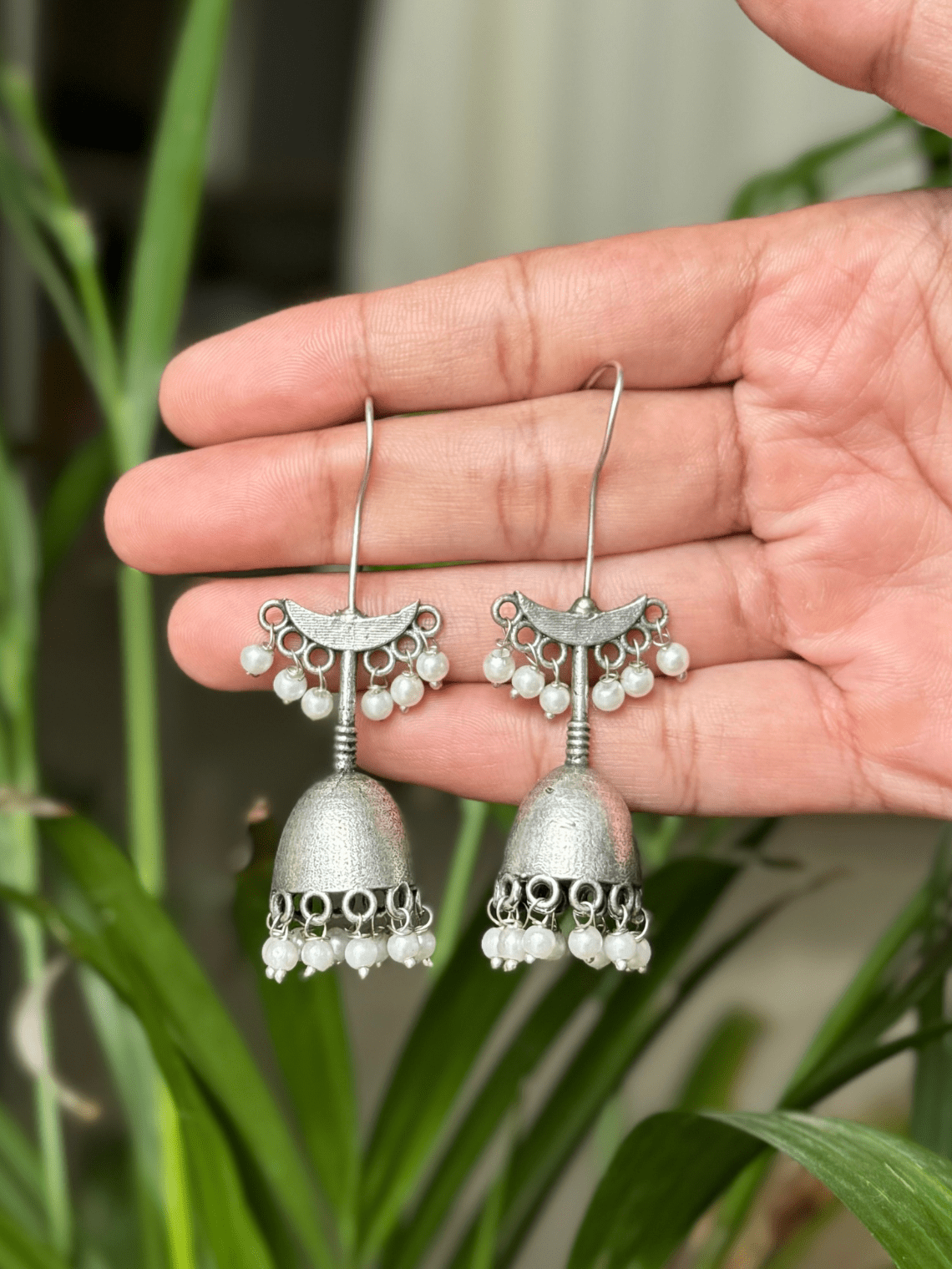 German Silver Hanging Oxidised Earrings with Pearl - Chowkhat Lifestyle
