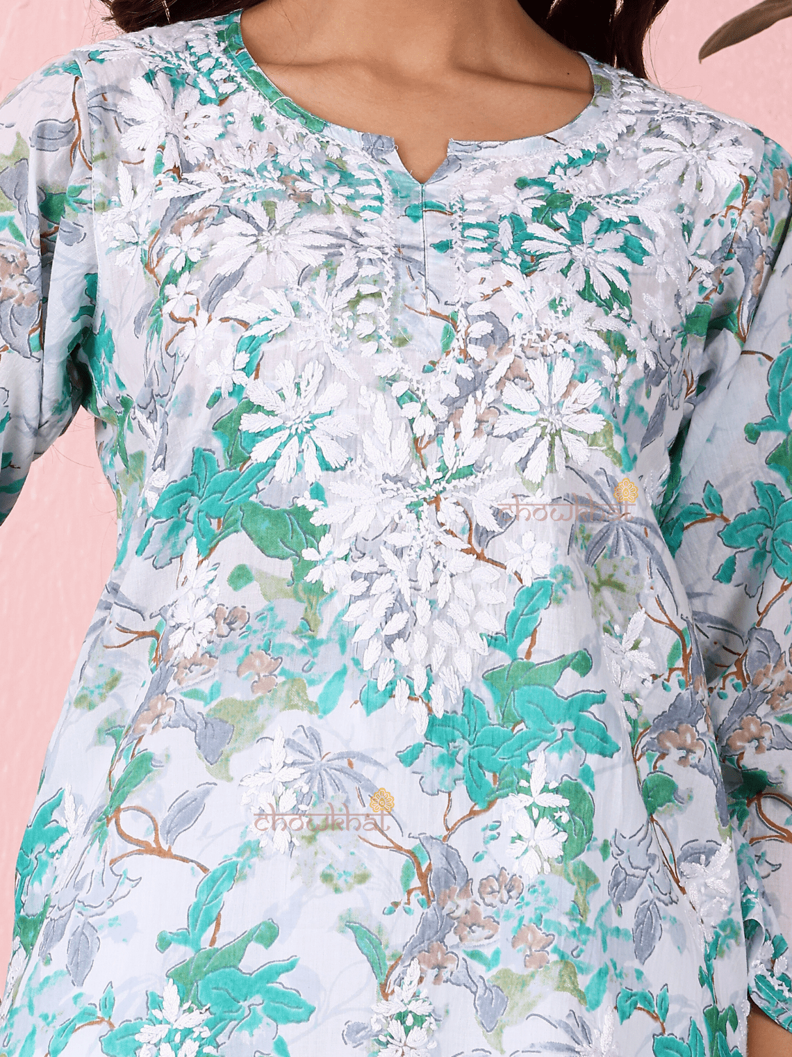 Sara Mul Cotton Straight Short Chikankari Kurti - Chowkhat Lifestyle