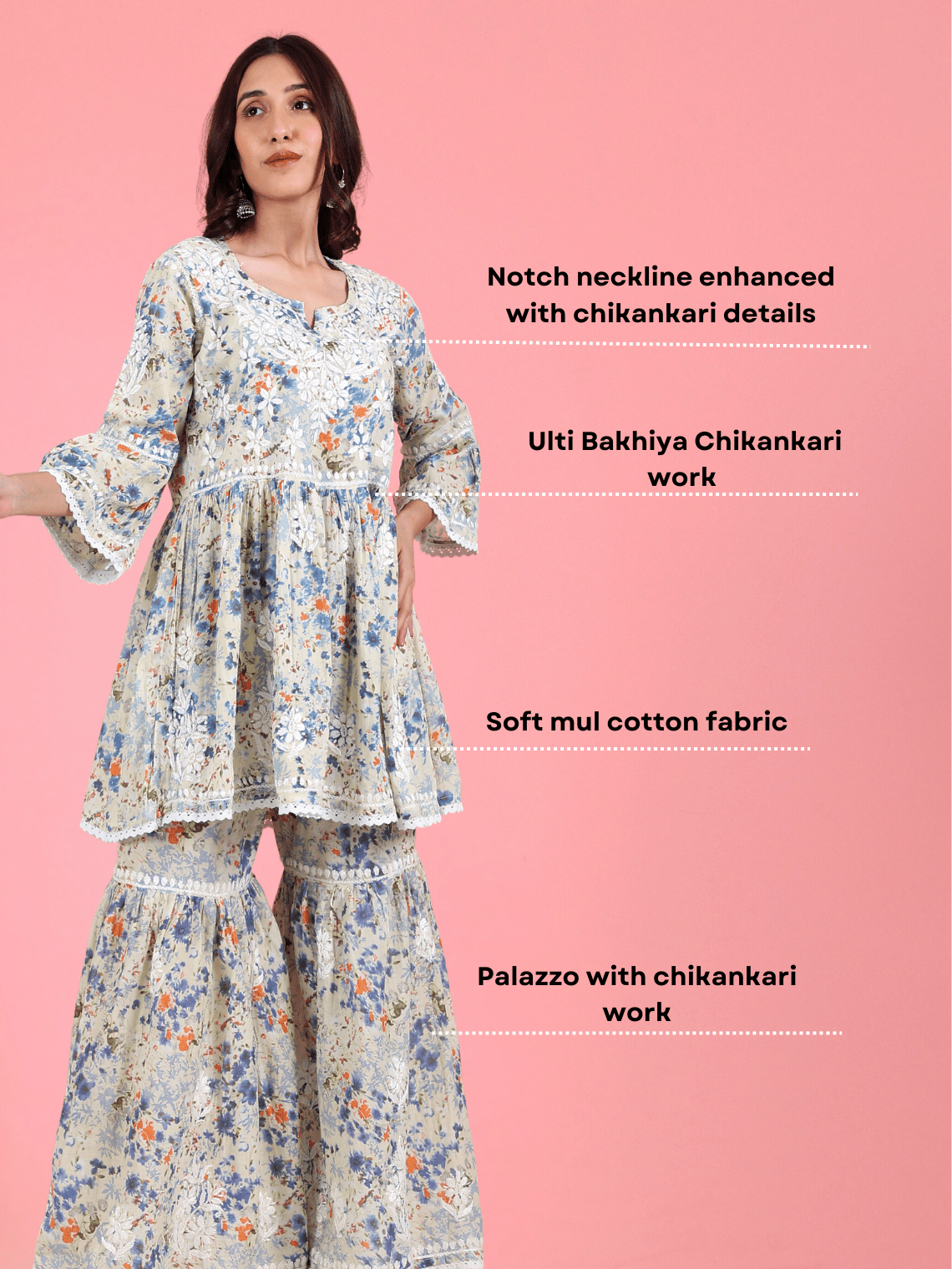 Sanya Mul Cotton Chikankari Gharara Set with Crochet Lace - Chowkhat Lifestyle