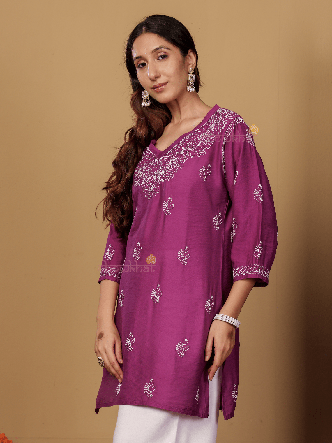 Azha Chanderi Straight Short Chikankari Kurti - Chowkhat Lifestyle
