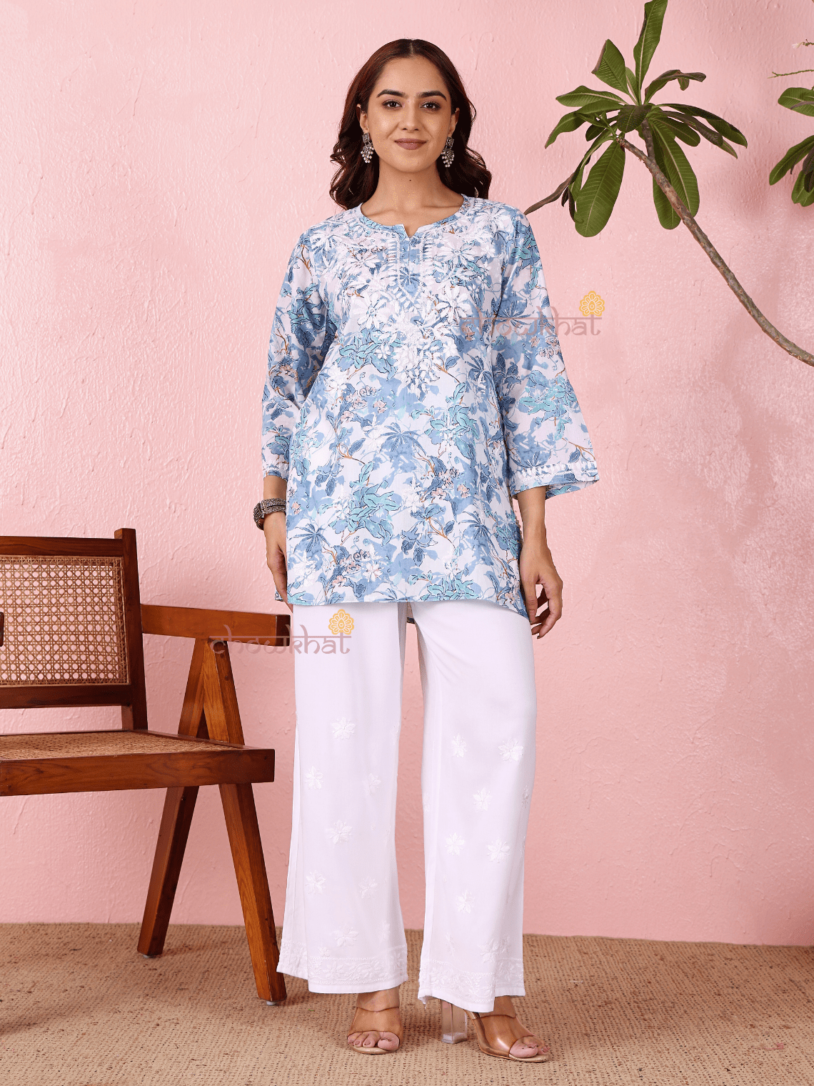Sara Mul Cotton Straight Short Chikankari Kurti - Chowkhat Lifestyle