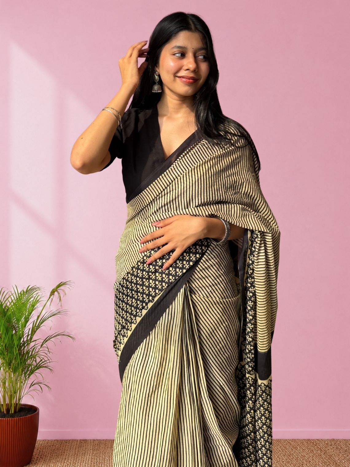 Reya Pre- Draped Hand Printed Mul Cotton Saree