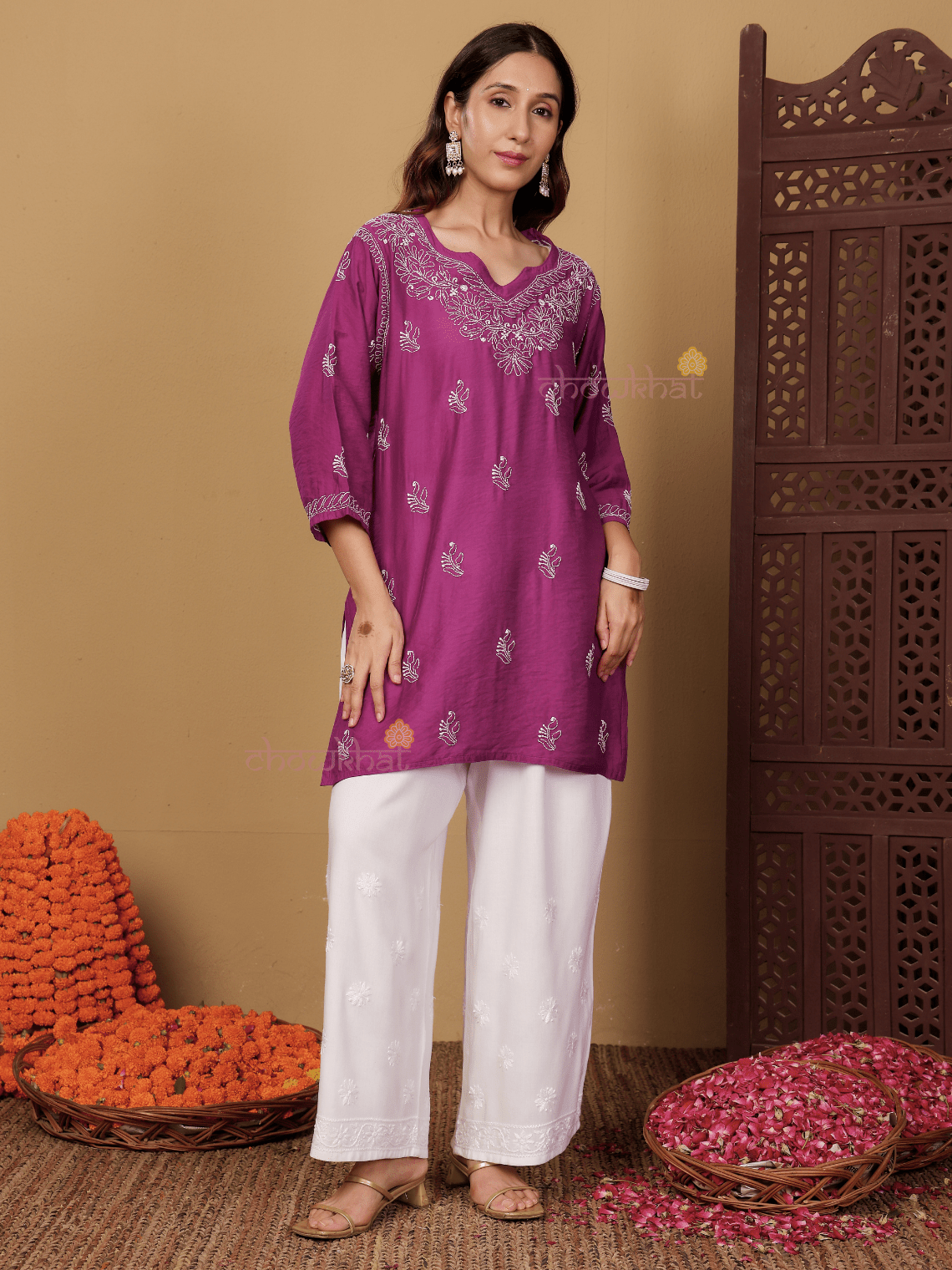 Azha Chanderi Straight Short Chikankari Kurti - Chowkhat Lifestyle