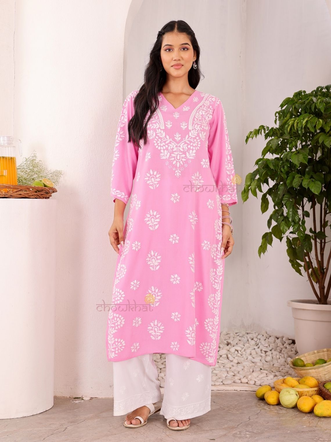 Navya Rayon Straight Chikankari Kurti with Lace Detailing