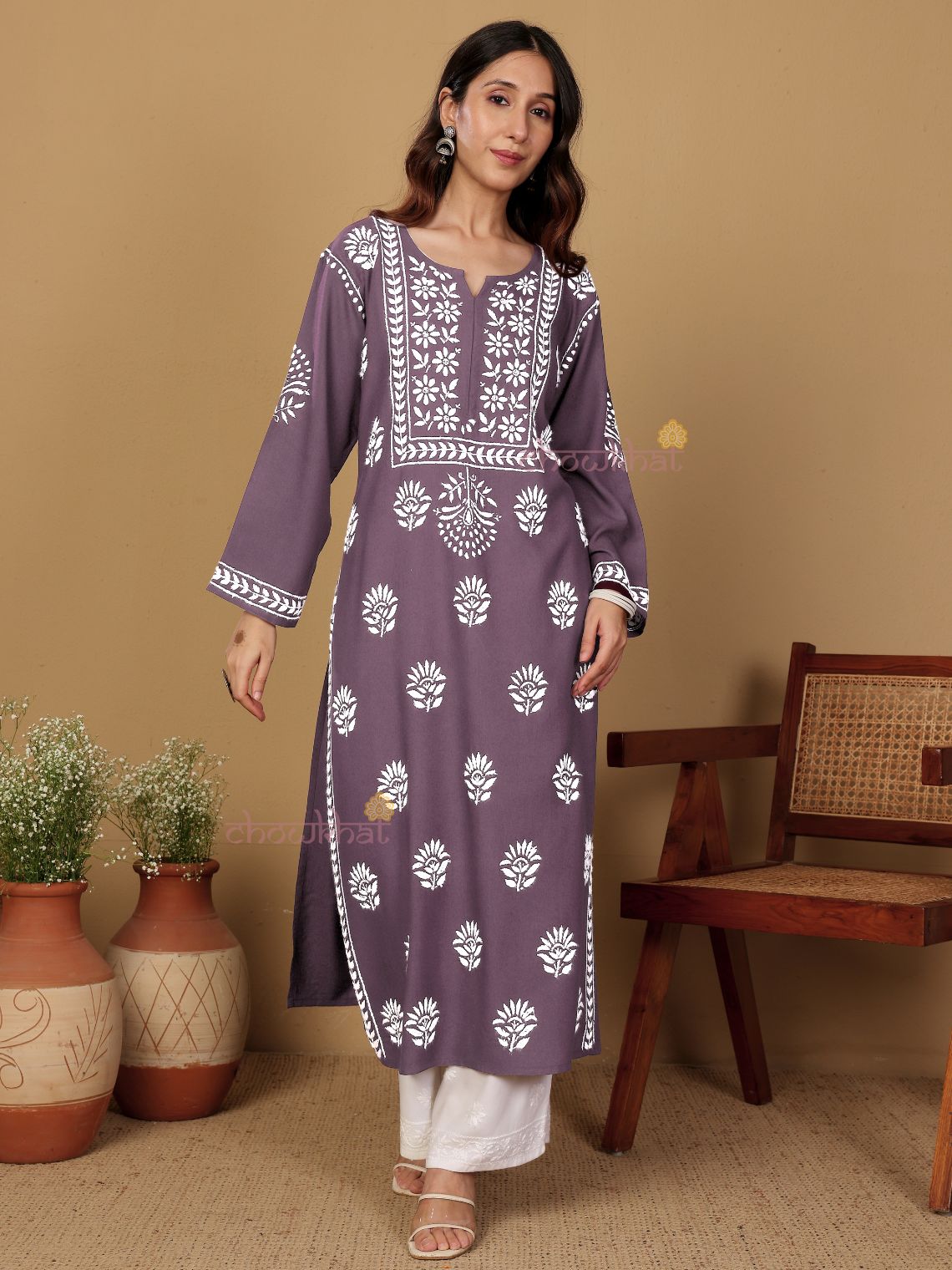 Aaniya Rayon Straight Long Chikankari Kurti - Chowkhat Lifestyle