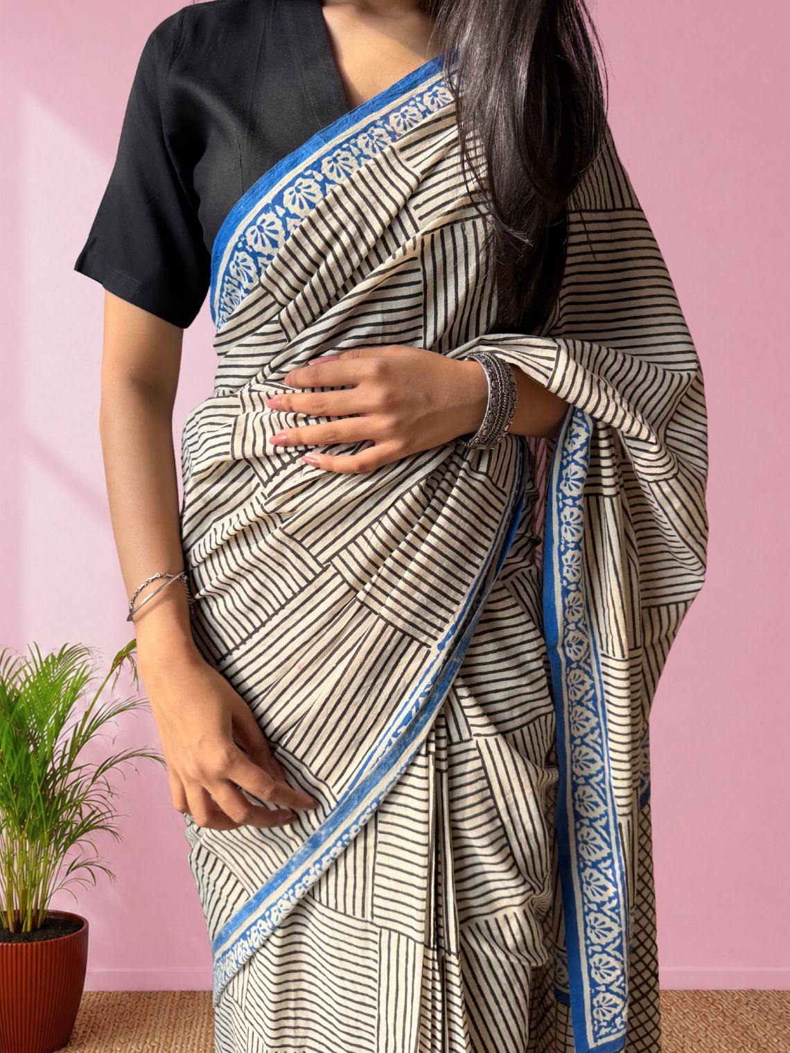 Sutra Pre- Draped Hand Block Mul Cotton Saree - Chowkhat Lifestyle