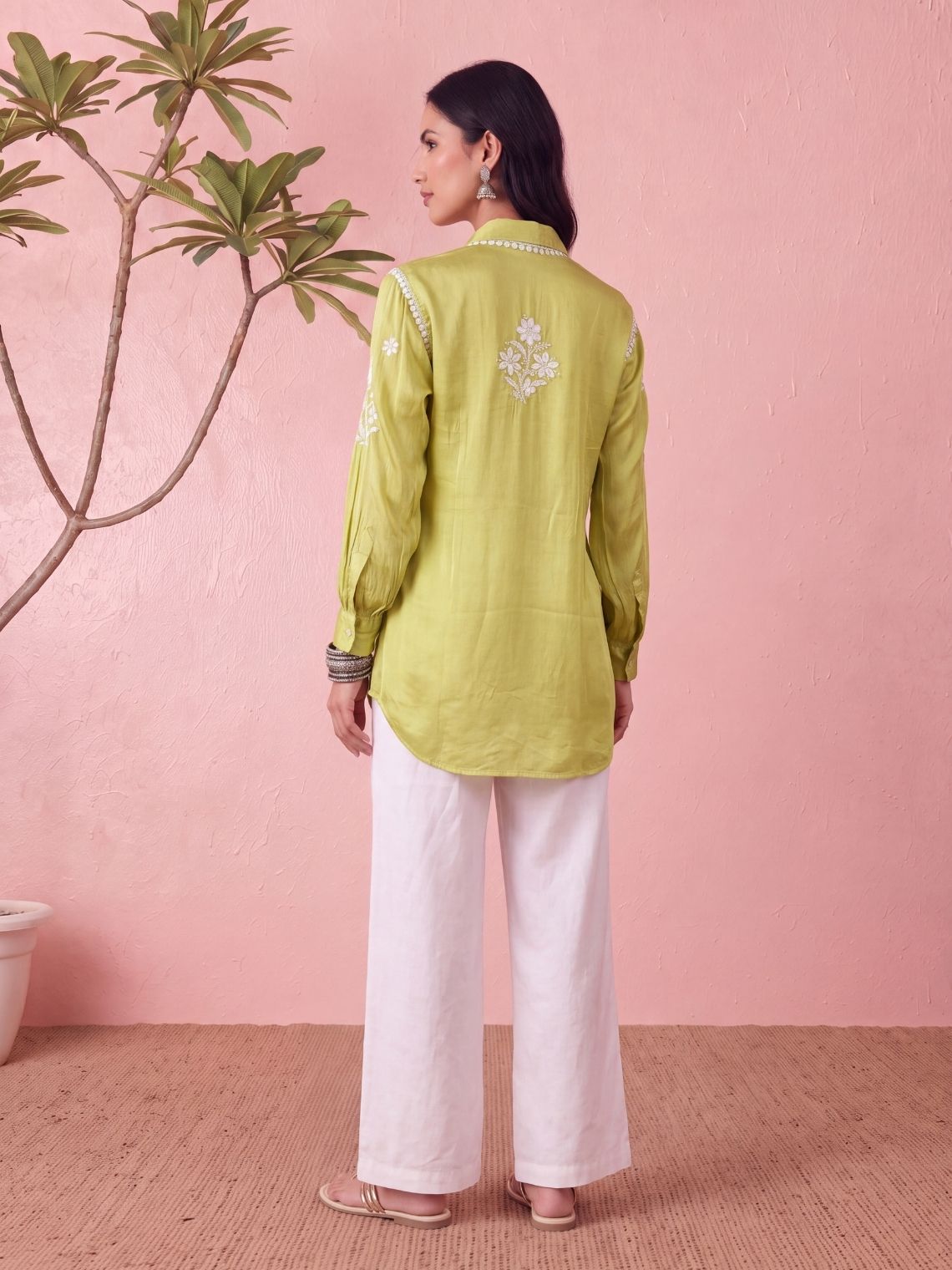 Kashika Modal Satin Chikankari High Low Shirt - Chowkhat Lifestyle