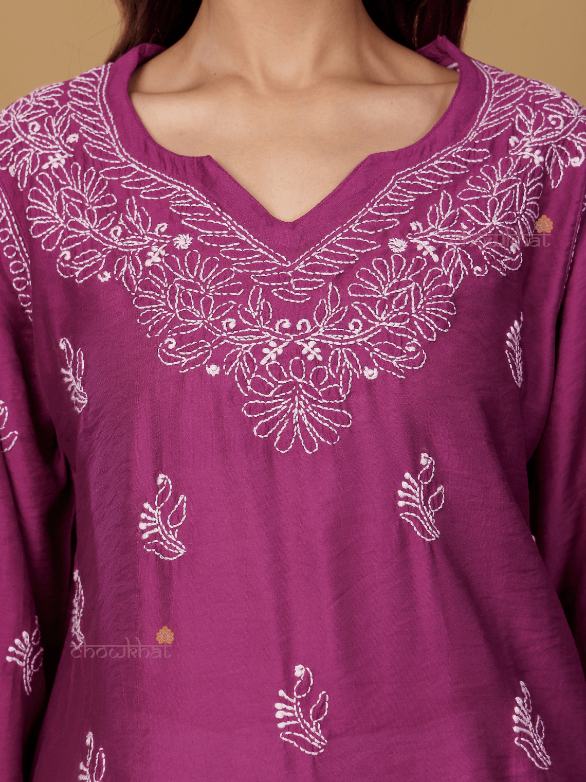 Azha Chanderi Straight Short Chikankari Kurti - Chowkhat Lifestyle