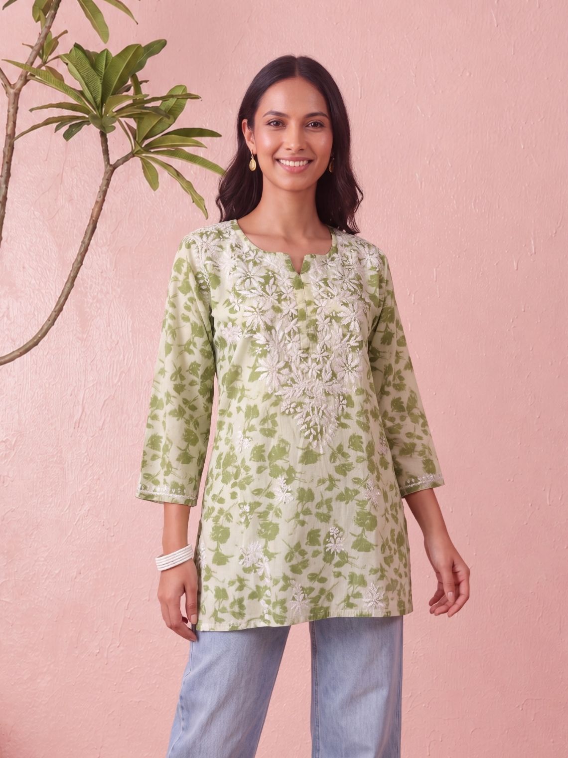 Diya Mul Cotton Short Handprinted Chikankari Kurti - Chowkhat Lifestyle