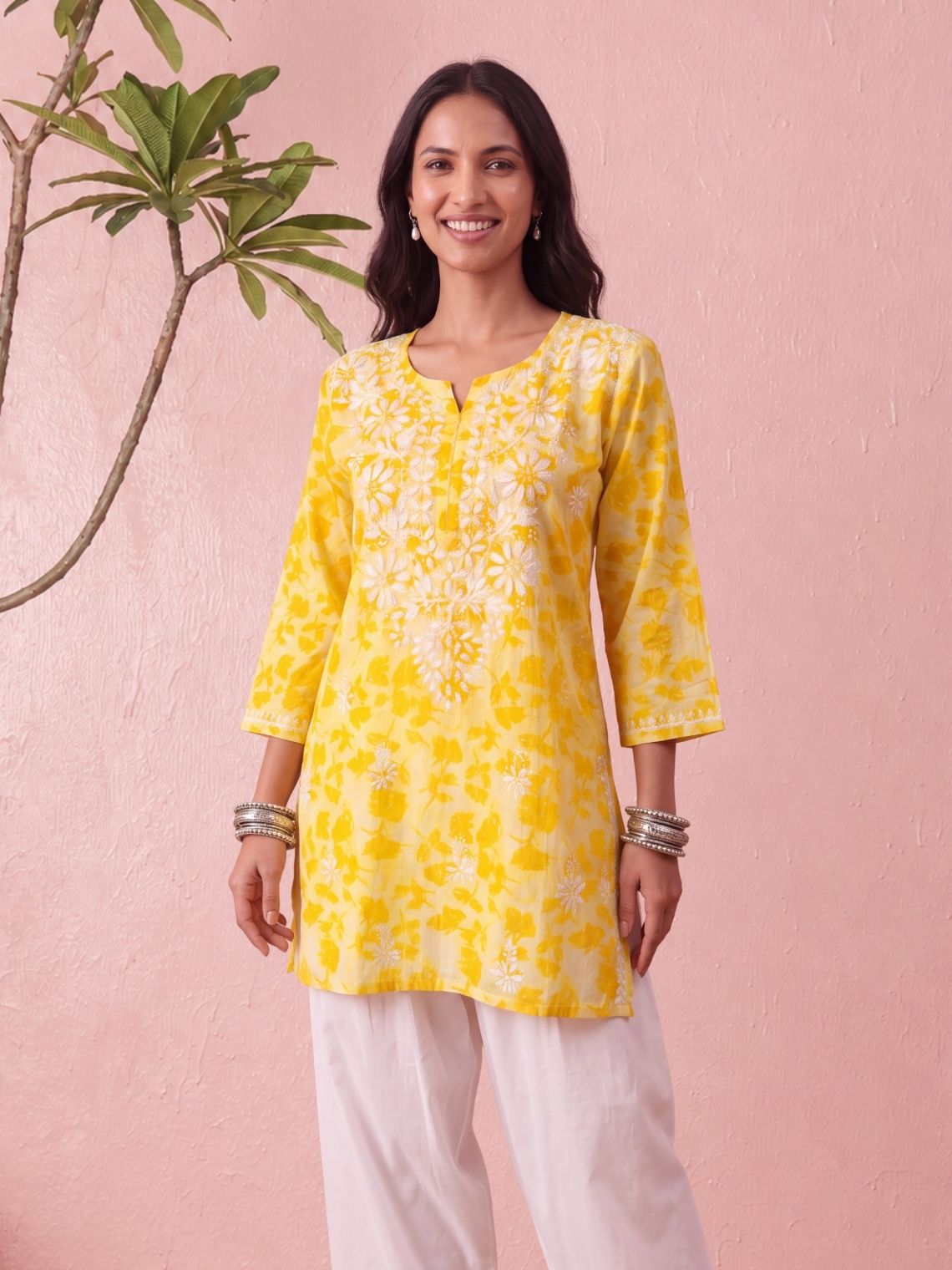 Diya Mul Cotton Short Handprinted Chikankari Kurti