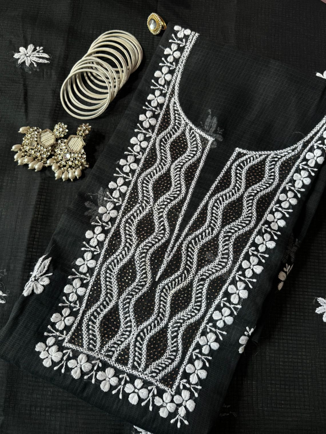 Seher Kota Doria Unstitched Chikankari & Mukaish work Suit Set - Chowkhat Lifestyle