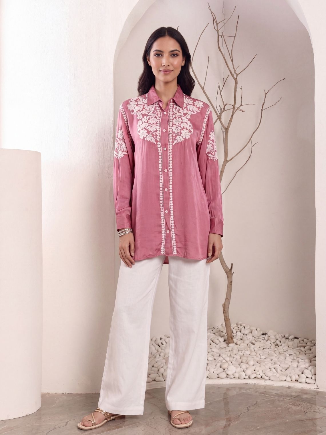 Kashika Modal Satin Chikankari High Low Shirt - Chowkhat Lifestyle