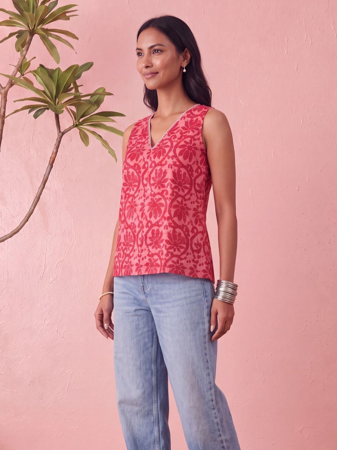 Fiza Handprinted Cotton Top with Blanket Stitch Detailing - Chowkhat Lifestyle