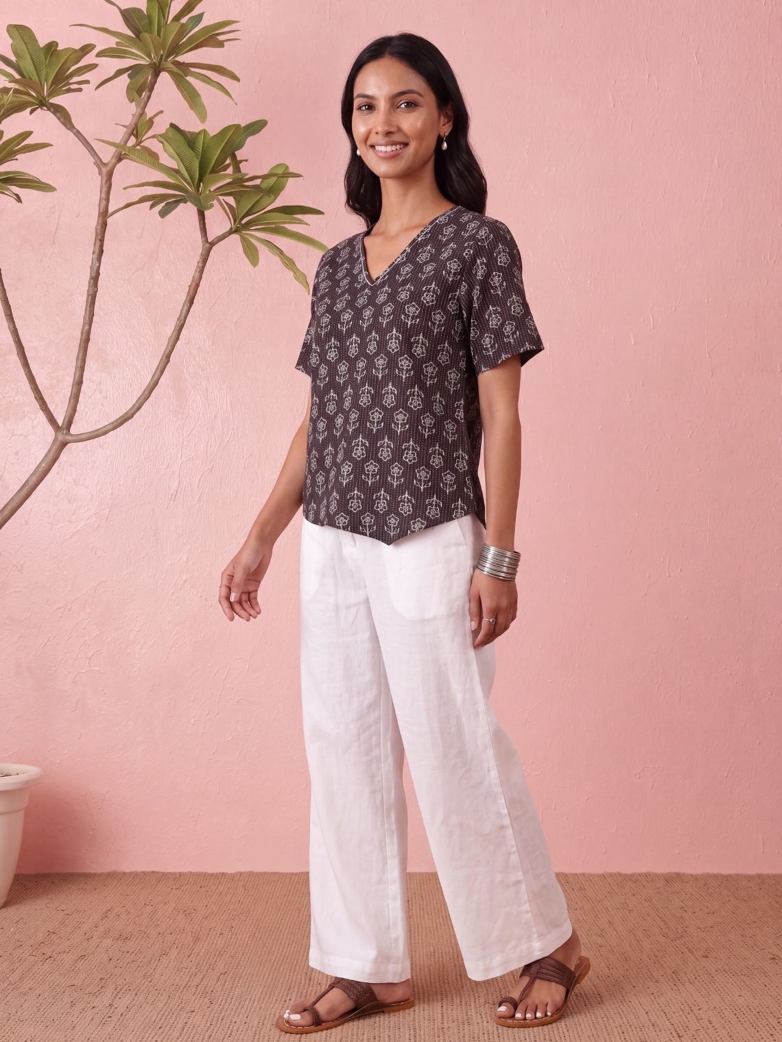 Kaya Handprinted Cotton Kantha Asymmetrical Top with Tie-Back - Chowkhat Lifestyle