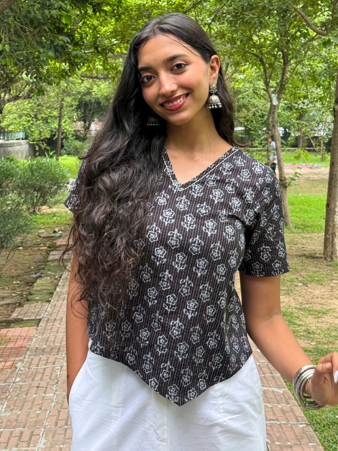 Kaya Handprinted Cotton Kantha Asymmetrical Top with Tie-Back - Chowkhat Lifestyle