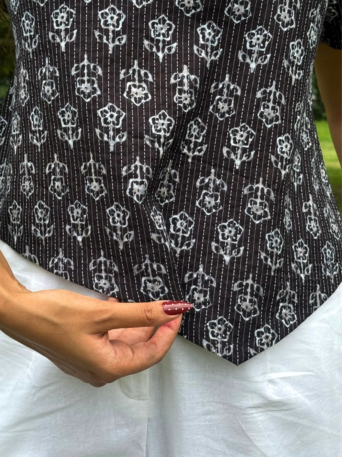 Kaya Handprinted Cotton Kantha Asymmetrical Top with Tie-Back - Chowkhat Lifestyle