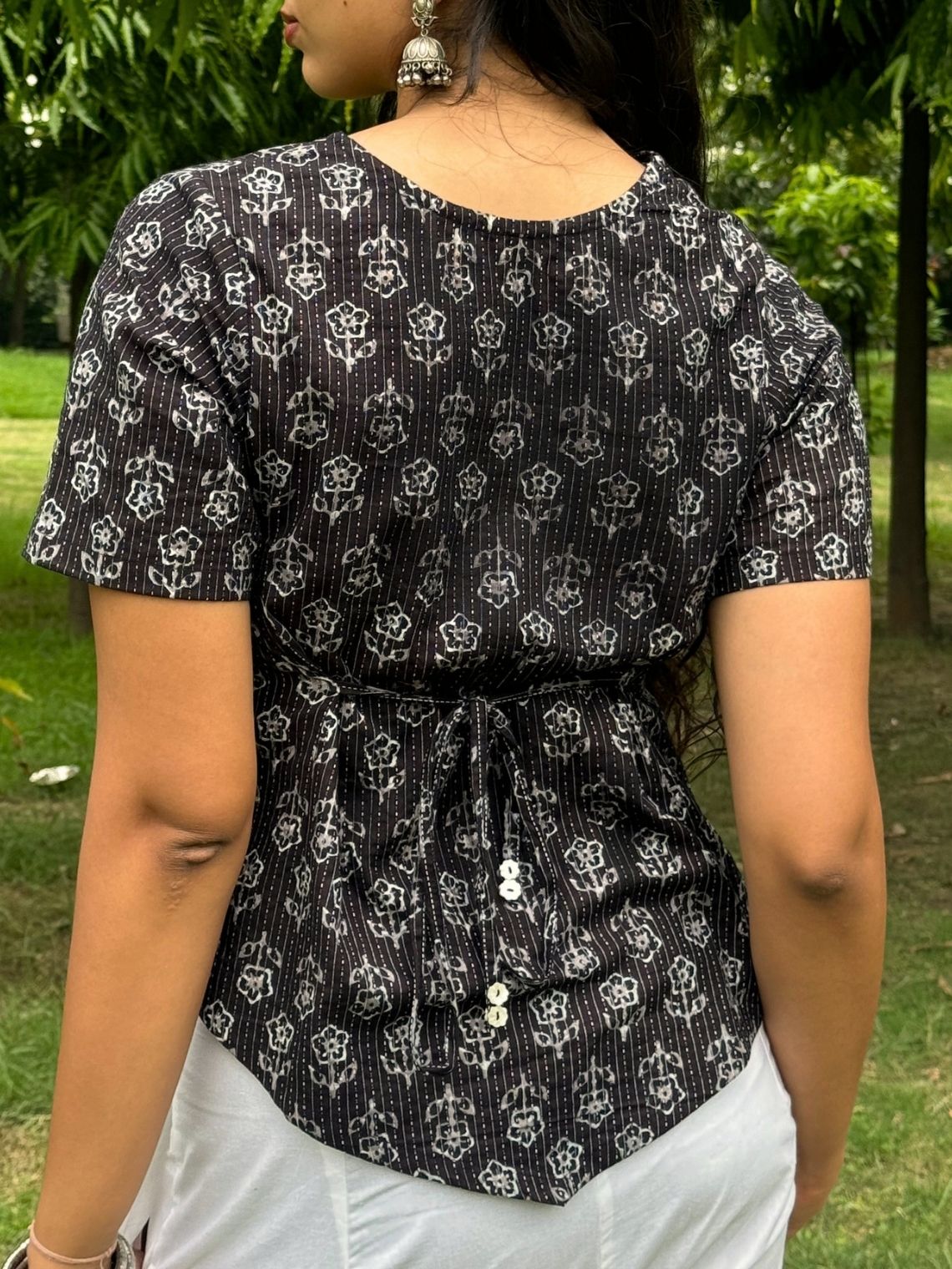 Kaya Handprinted Cotton Kantha Asymmetrical Top with Tie-Back - Chowkhat Lifestyle