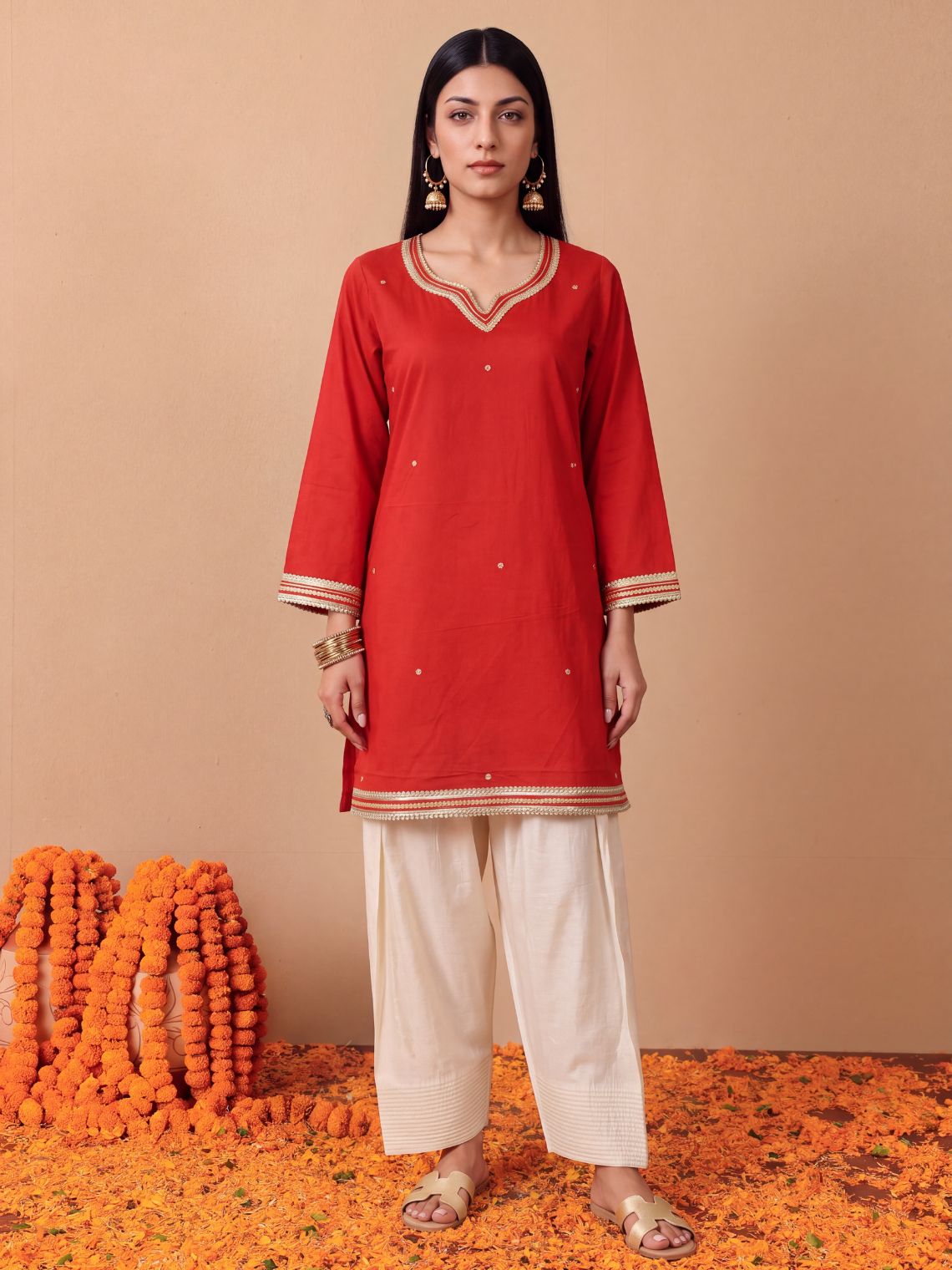 Fariha Bell-Sleeve Cotton Kurta with Lace, Sequin & Zari Work - Chowkhat Lifestyle