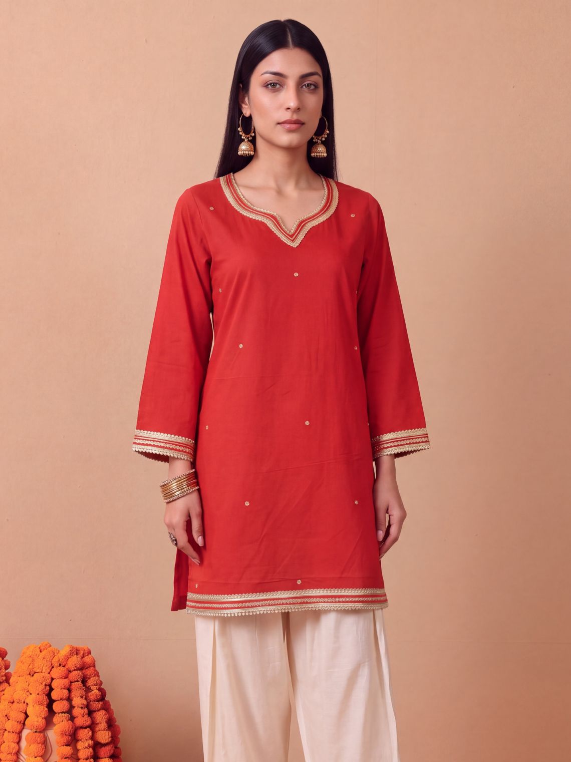 Fariha Bell-Sleeve Cotton Kurta with Lace, Sequin & Zari Work - Chowkhat Lifestyle