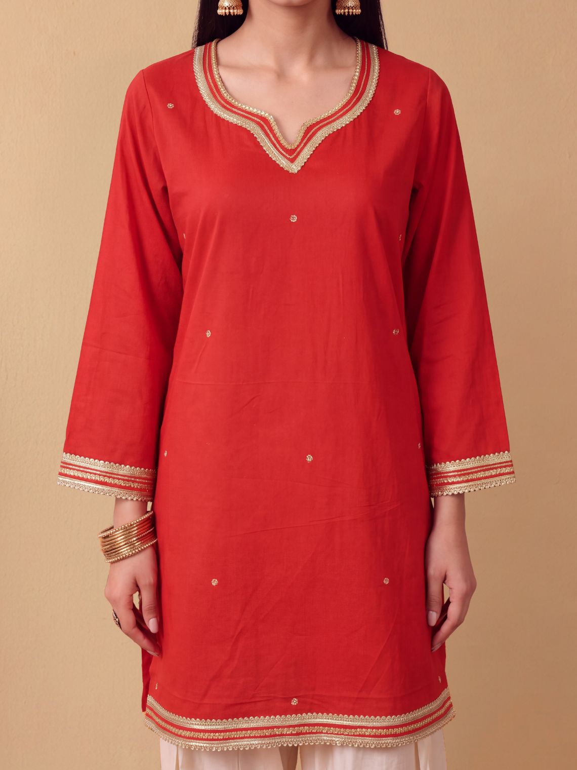 Fariha Bell-Sleeve Cotton Kurta with Lace, Sequin & Zari Work - Chowkhat Lifestyle