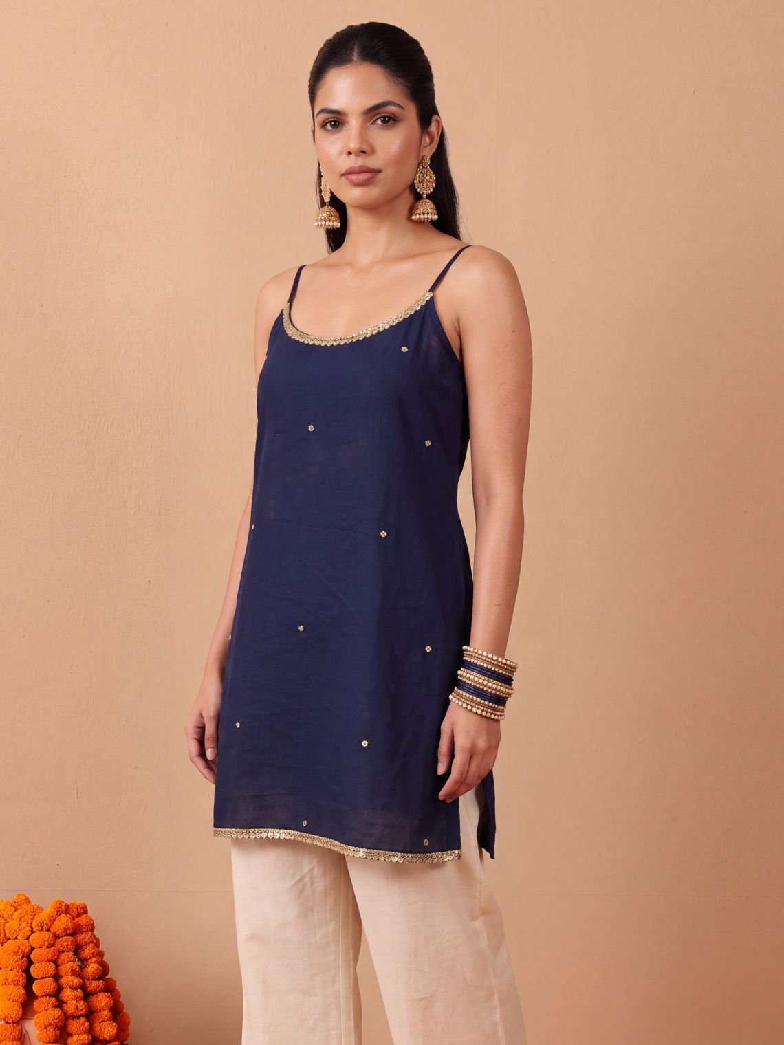 Kalika Strappy A-Line Cotton Kurta with Lace, Sequin & Zari Work - Chowkhat Lifestyle