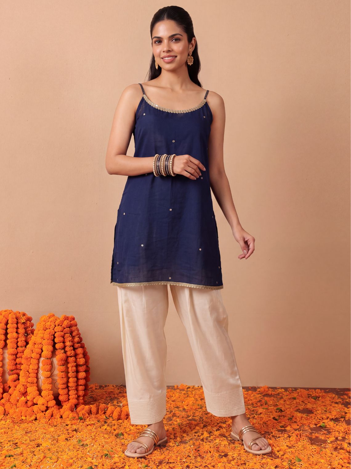 Kalika Strappy A-Line Cotton Kurta with Lace, Sequin & Zari Work - Chowkhat Lifestyle