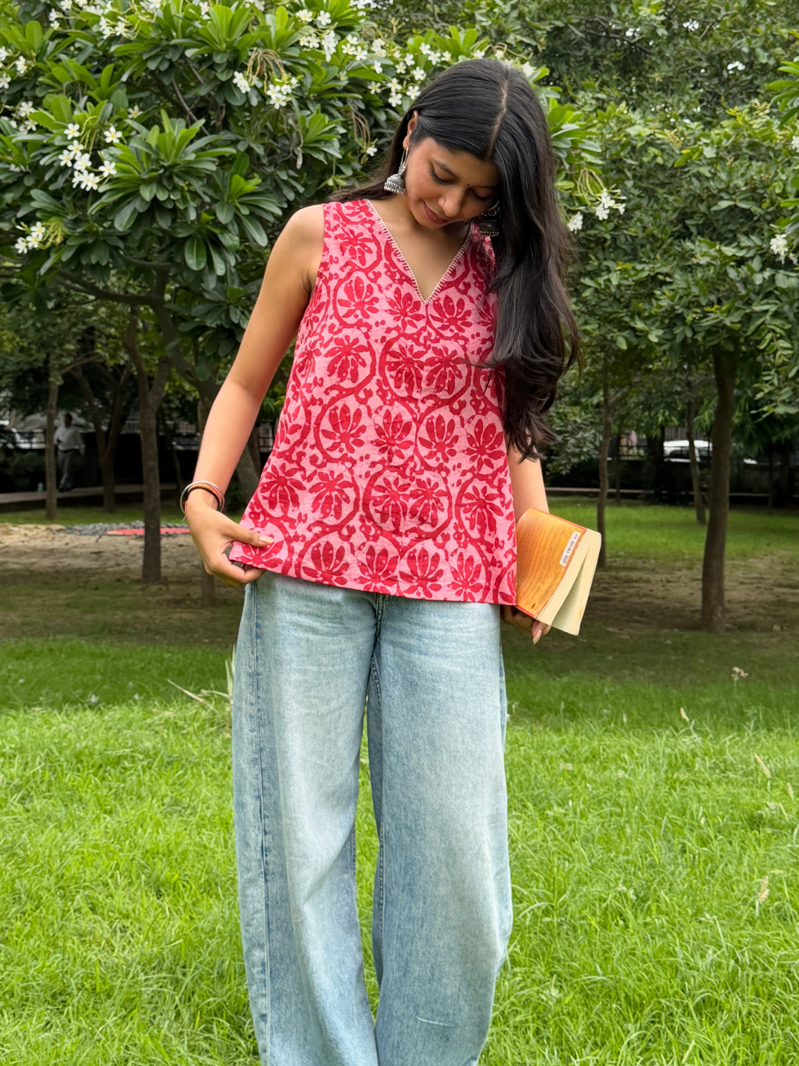 Fiza Handprinted Cotton Top with Blanket Stitch Detailing - Chowkhat Lifestyle