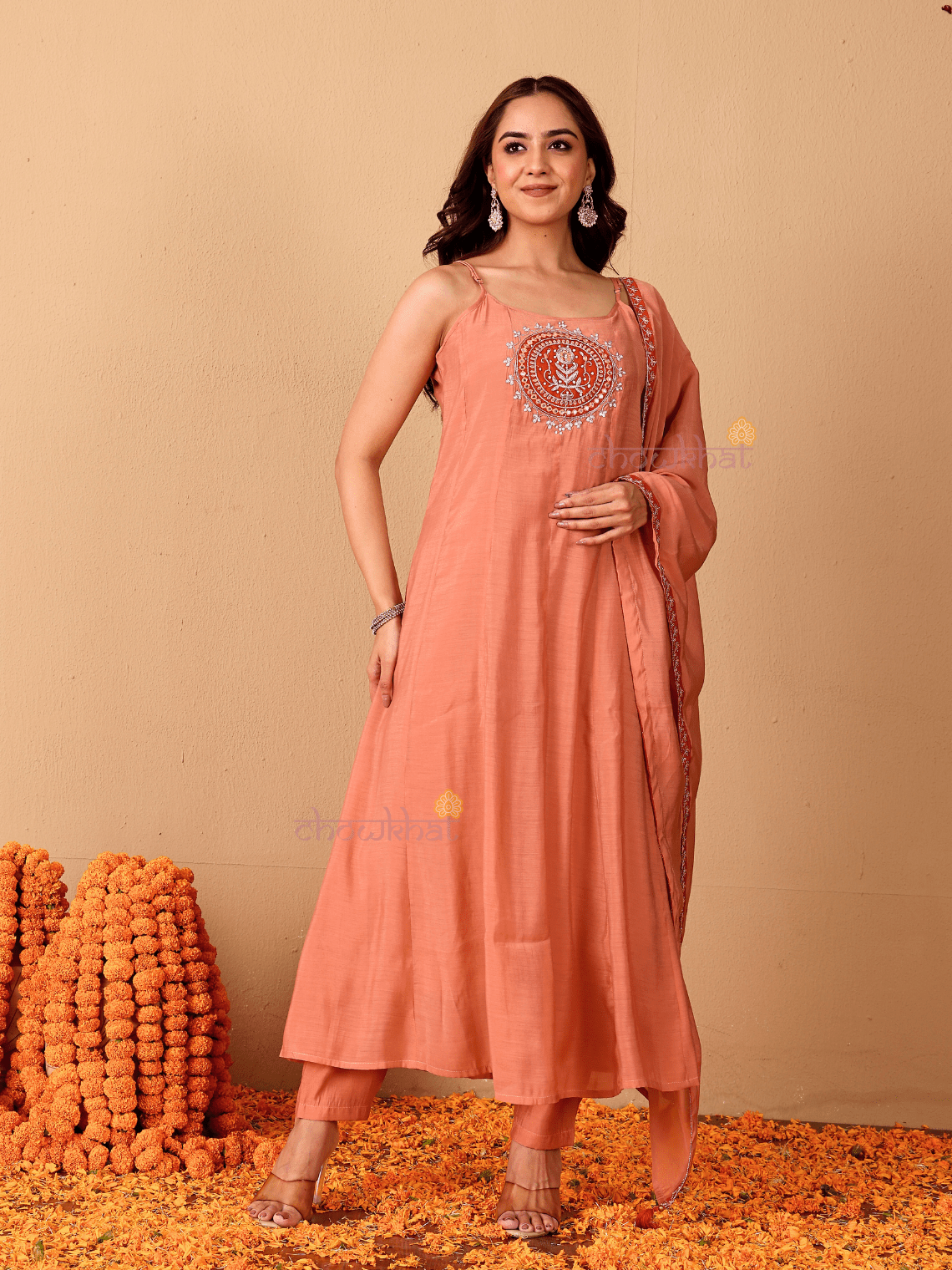 Reya Mul Chanderi 3 Piece Strappy Stitched Suit Set with Adda Work - Chowkhat Lifestyle