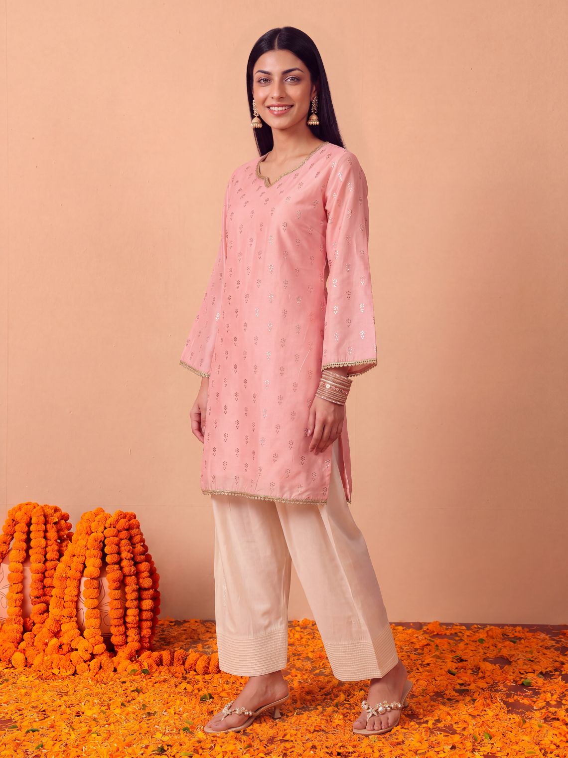 Megha Chanderi Silk A-Line Kurta with Stone & Lace Detailing