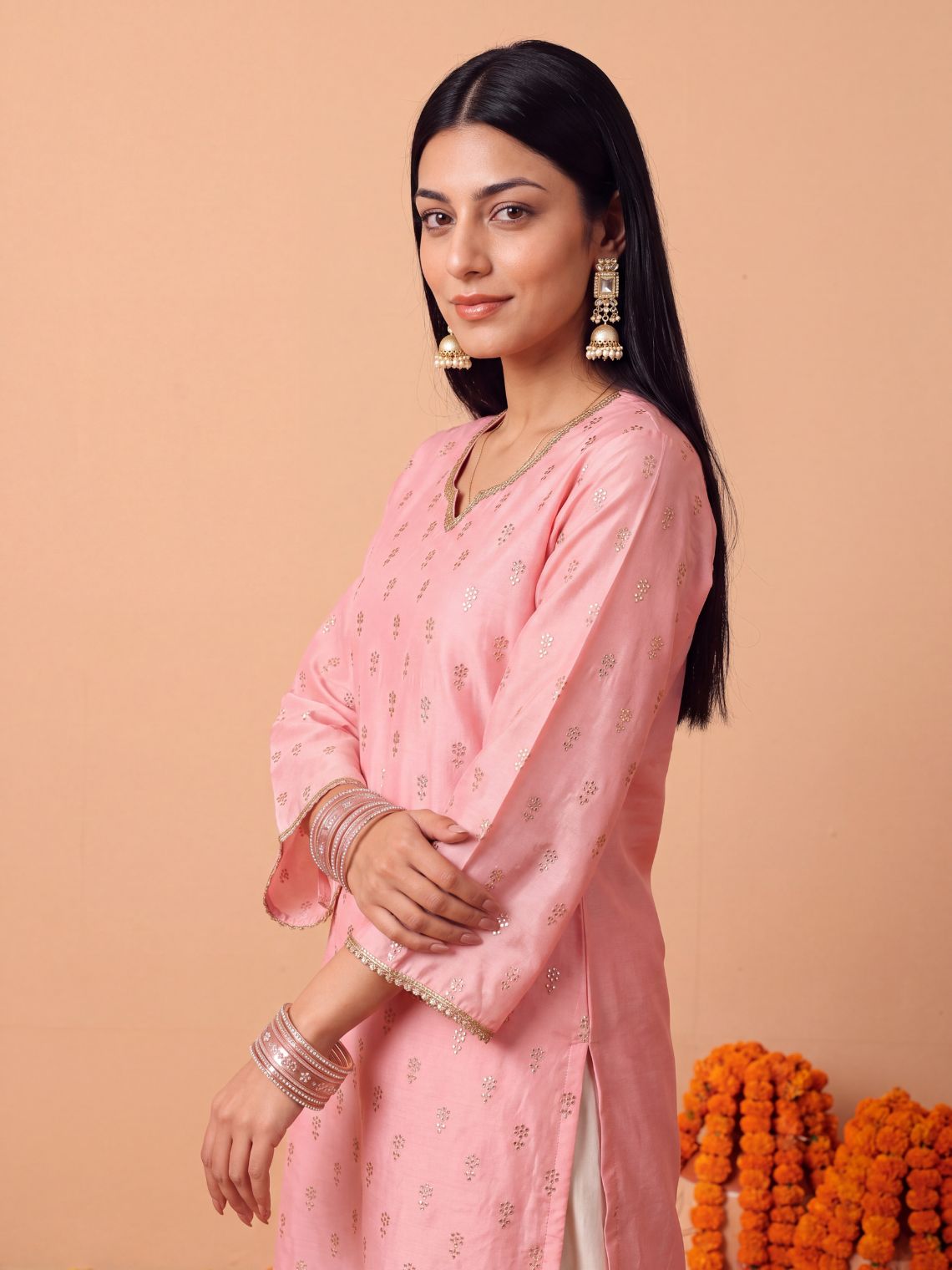 Megha Chanderi Silk A-Line Kurta with Stone & Lace Detailing