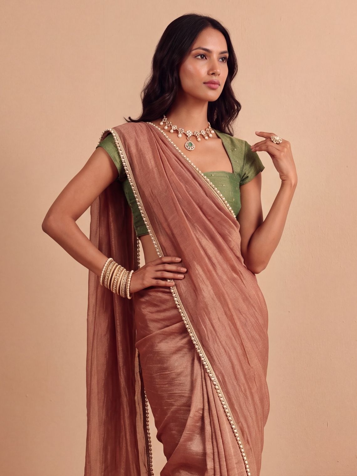 Param Sundari Shimmer Tissue Saree with Lace Detailing & Contrast Blouse Piece - Chowkhat Lifestyle