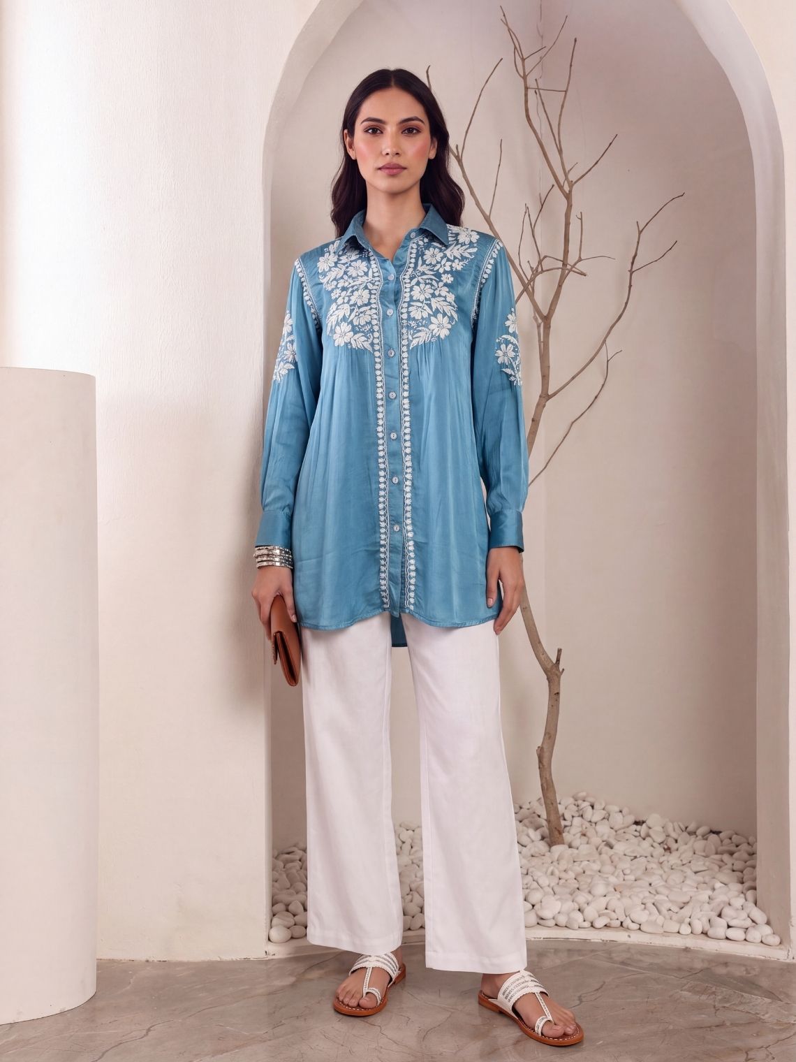 Kashika Modal Satin Chikankari High Low Shirt - Chowkhat Lifestyle
