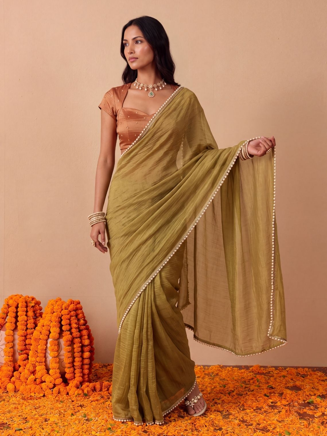 Param Sundari Shimmer Tissue Saree with Lace Detailing & Contrast Blouse Piece