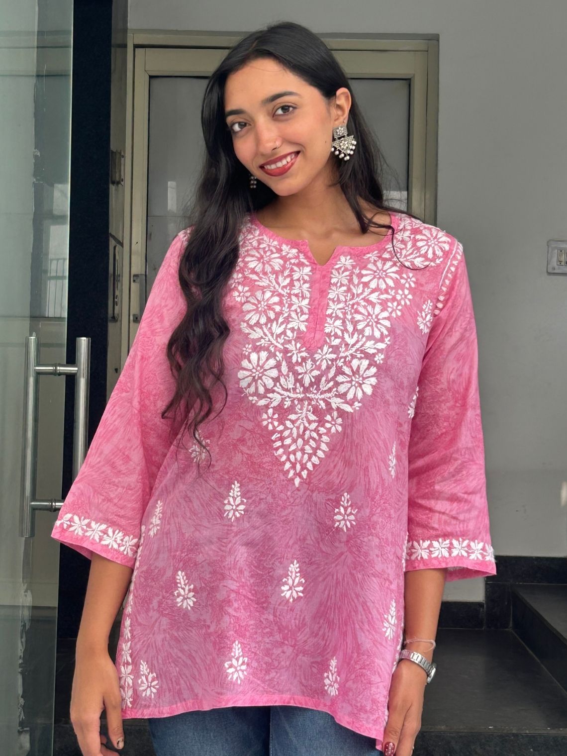 Yana Mul Cotton Short Handprinted Chikankari Kurti - Chowkhat Lifestyle