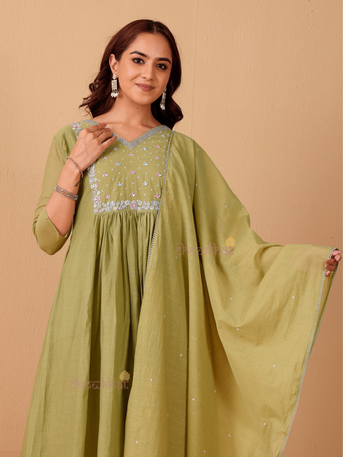 Rhea Mul Chanderi 3 Piece Nyra Style Stitched Suit Set with Adda Work - Chowkhat Lifestyle