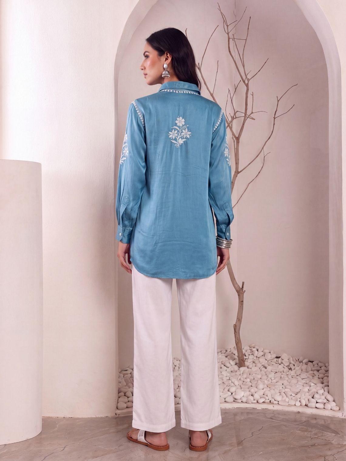 Kashika Modal Satin Chikankari High Low Shirt - Chowkhat Lifestyle
